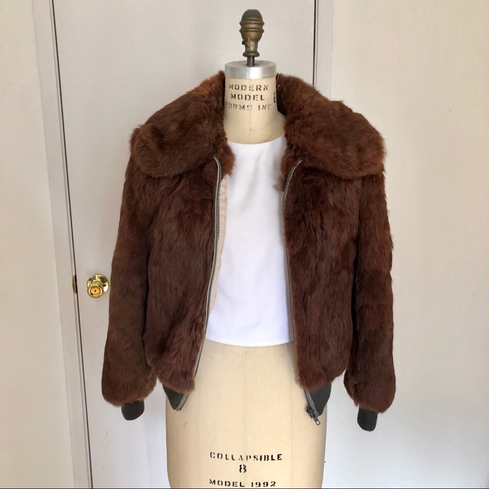 Vintage 1970s Brown Rabbit Fur Bomber Coat